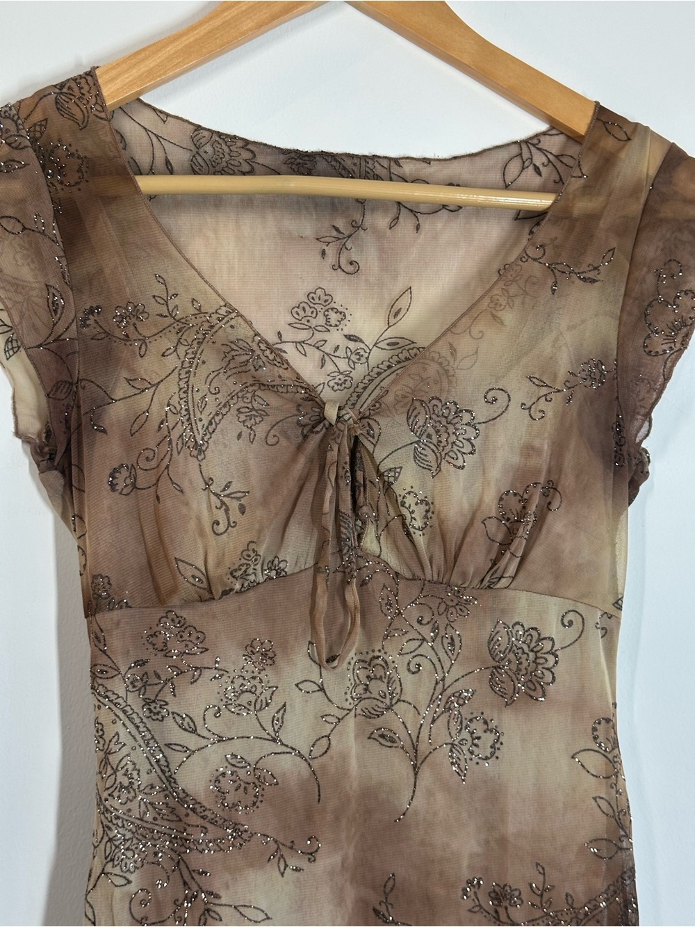 Rampage Y2K Brown Mesh Glitter Floral Midi Dress Tie Front - Size Small - Picture 2 of 4